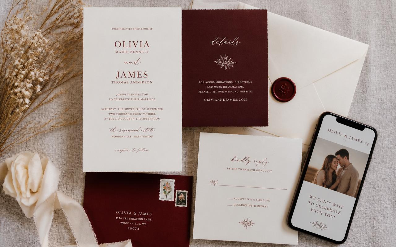 Cartões de lugar e papelaria de casamento sobre mesa de linho